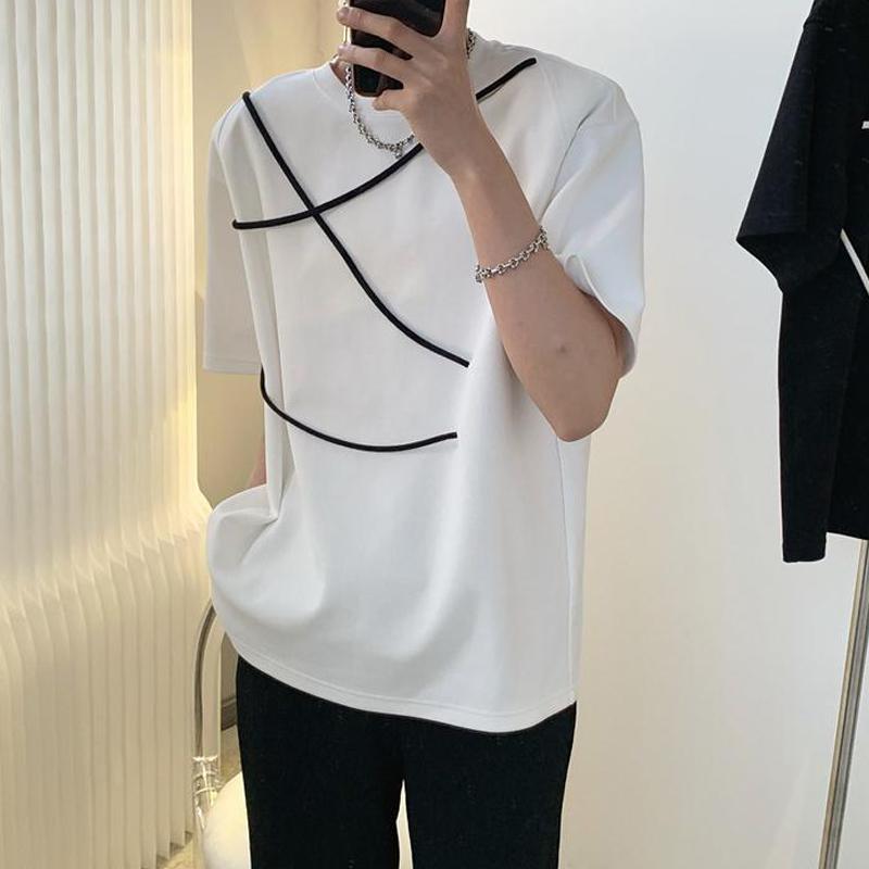 Summer Men Korean Fashion Drawstring Designer Chic Basic T Shirt Round Neck Short Sleeve Loose Tops