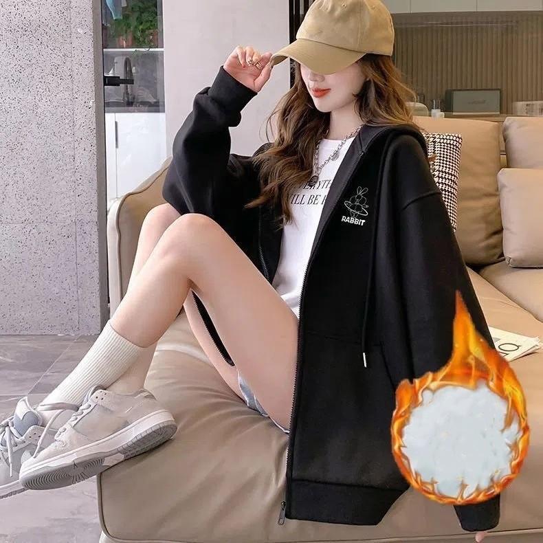Women's Fall/Winter Korean-Style Sweatshirt Jacket, Loose-Fit, Hooded, Long-Sleeve, Zipper, Student Top