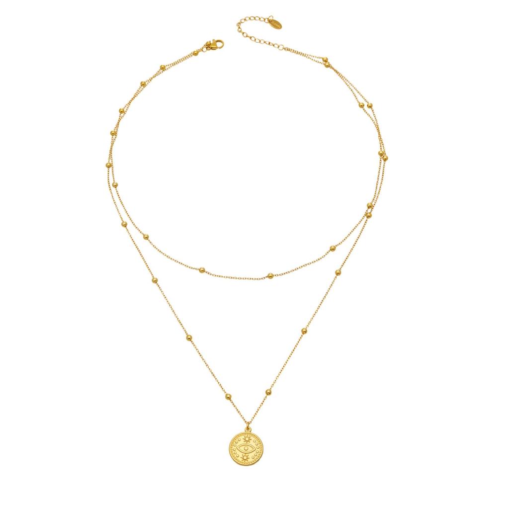18K Gold Plated Evil Eye Double Layer Necklace with Simple Design