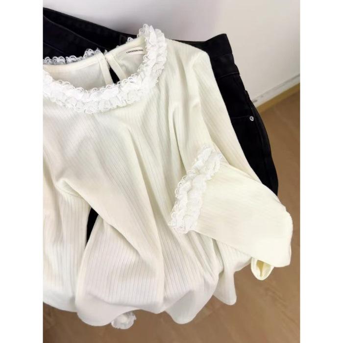 

De Rong Women s White Lace Trim Knit Top - Korean Style, Slimming & Flattering for Autumn/Winter 2025 Extra Large грязно-белый