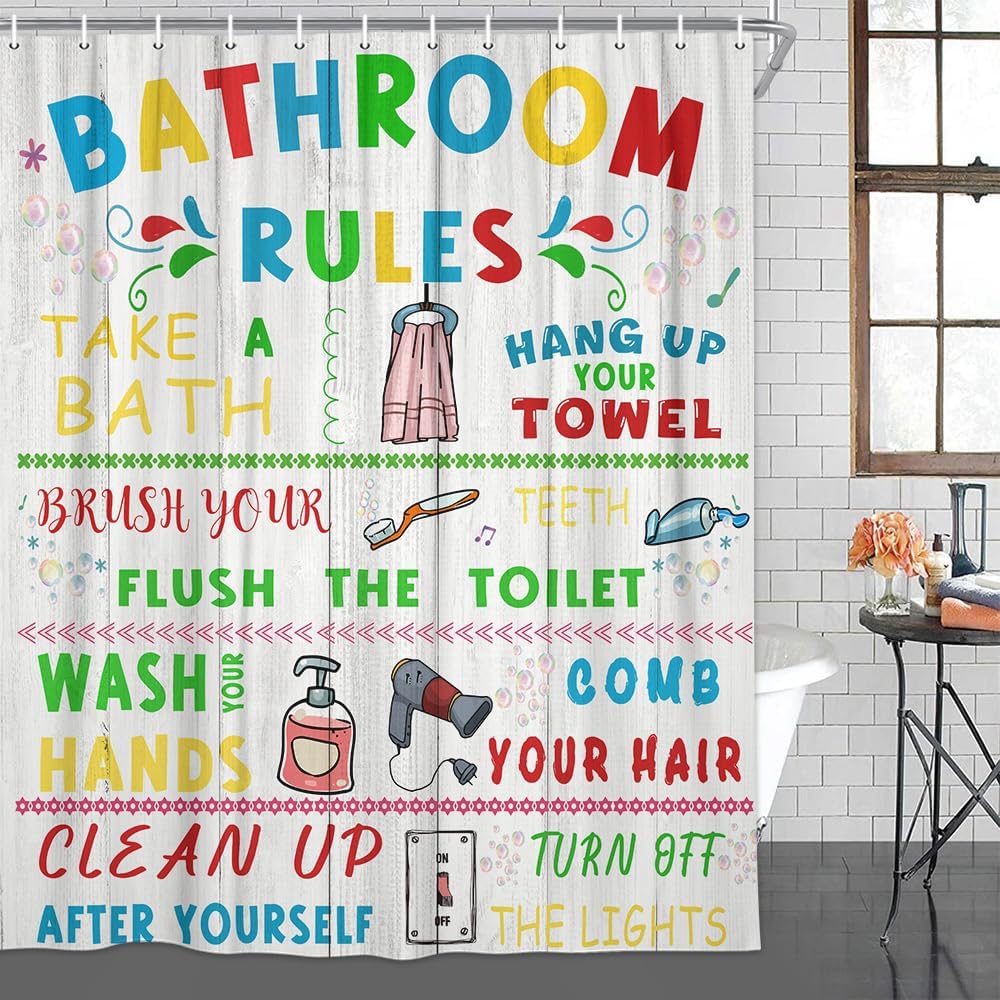Bathroom Rules Shower Curtain, Colorful Motivational Inspirational Shower Curtain Set Funny Bathroom Text Shower Curtain, Waterproof Fabric Bath