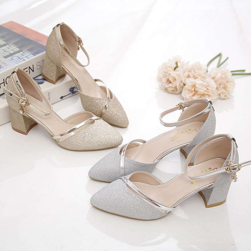 One-word Buckle High Heels Thick Heel Single Shoes Women's 2025 Spring and Autumn New Sequined Wedding Shoes Women's Versatile Single Shoes Bridesmaid