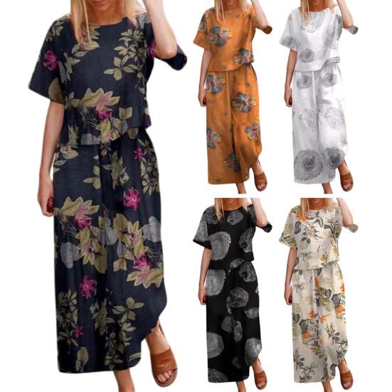 Women Fashion Printed 2-Piece Lounge Set Short Sleeve T-Shirt & Wide-Leg Pants Lightweight Breathable Spring Summer Autumn Suit for Casual Daily Wear