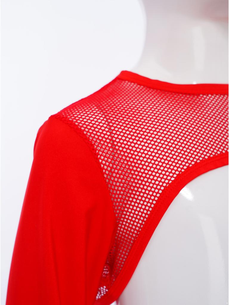 Girls Hip Hop Mesh Crop Top Long Sleeve Hollow Out Patchwork Asymmetrical Hem Dance Streetwear Top
