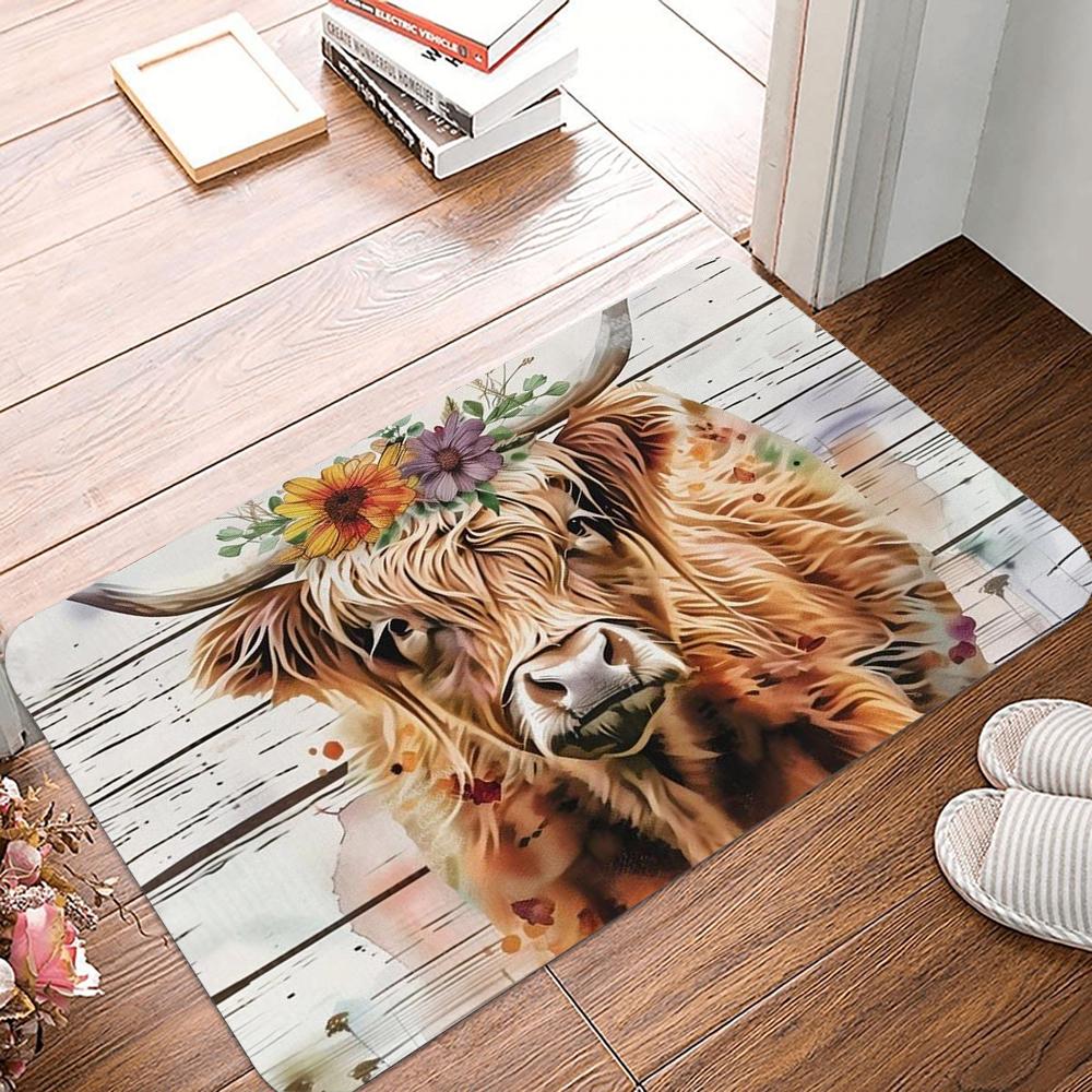 Floral Highland Cow Doormat Anti-slip Carpet for Kitchen Living Room Machine Floor Mat Washable Rug