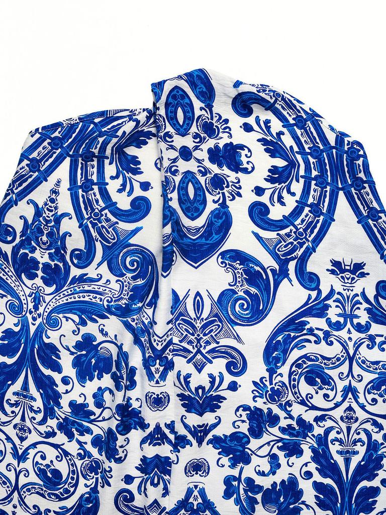 Summer Retro Style Blue & White Porcelain Print Halter Backless Split Dress