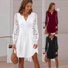 Women V Neck Long Sleeve Lace Panel Mini Dress Casual A Line Shift Dress