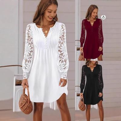 Women V Neck Long Sleeve Lace Panel Mini Dress Casual A Line Shift Dress