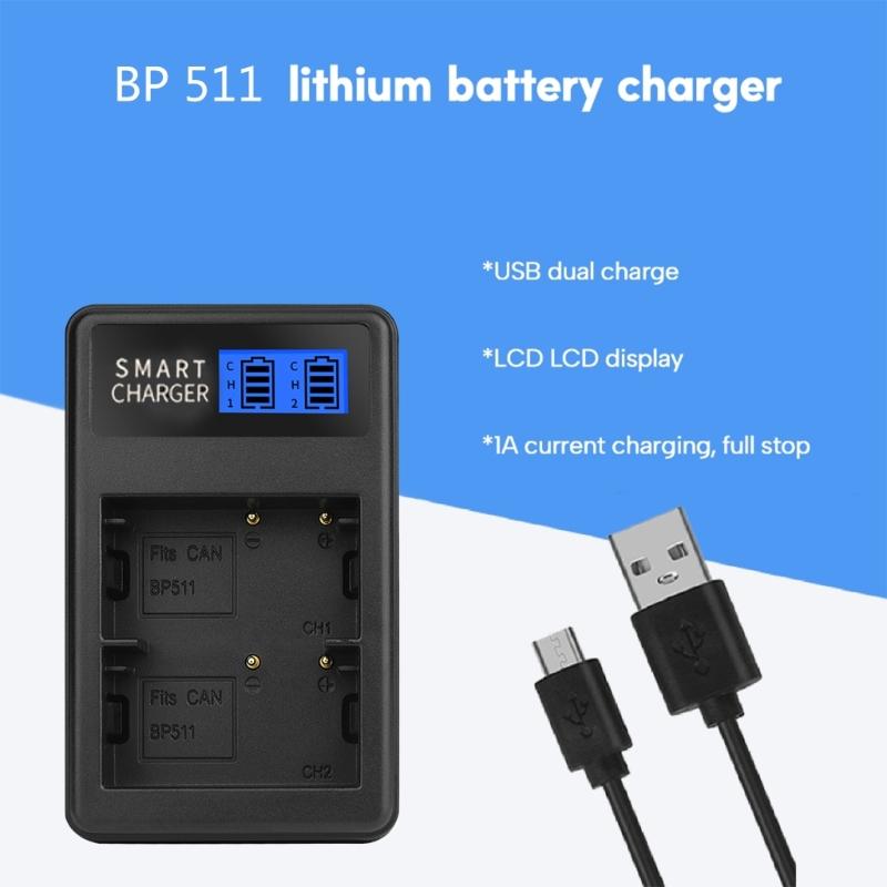 Convenient and Portable BP511 LCD Double Slot Charger Camera Battery Charger for 10D,20D,30D,40D,50D,D60,MV630i Battery