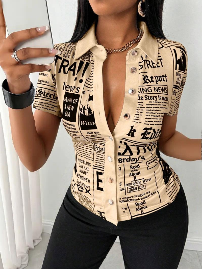 

Women s Short Sleeve Collar Newspaper Print T-shirt Multi Colors XXL хакі
