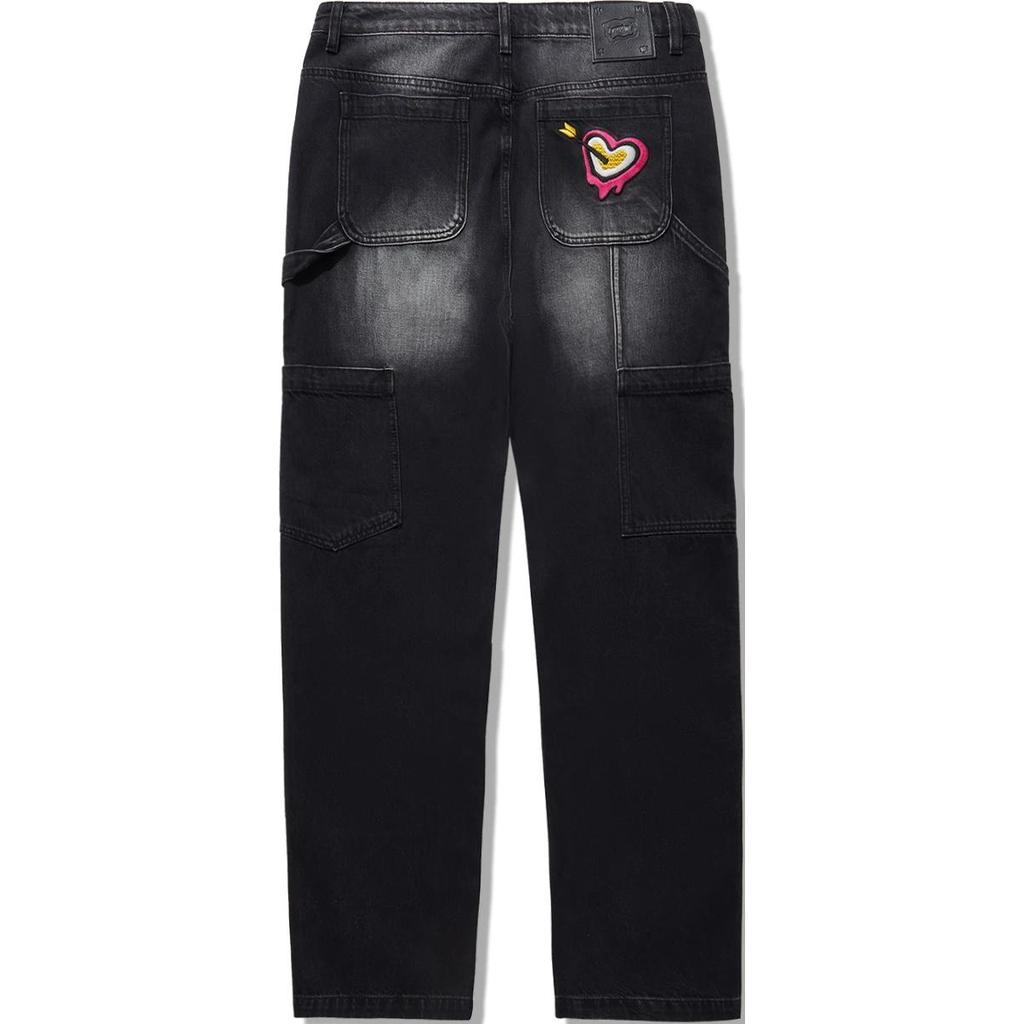 Li Ning Printed Washable Mid-Rise Comfortable Breathable Versatile Straight Leg Jeans Men jeans Black AJQU171-1