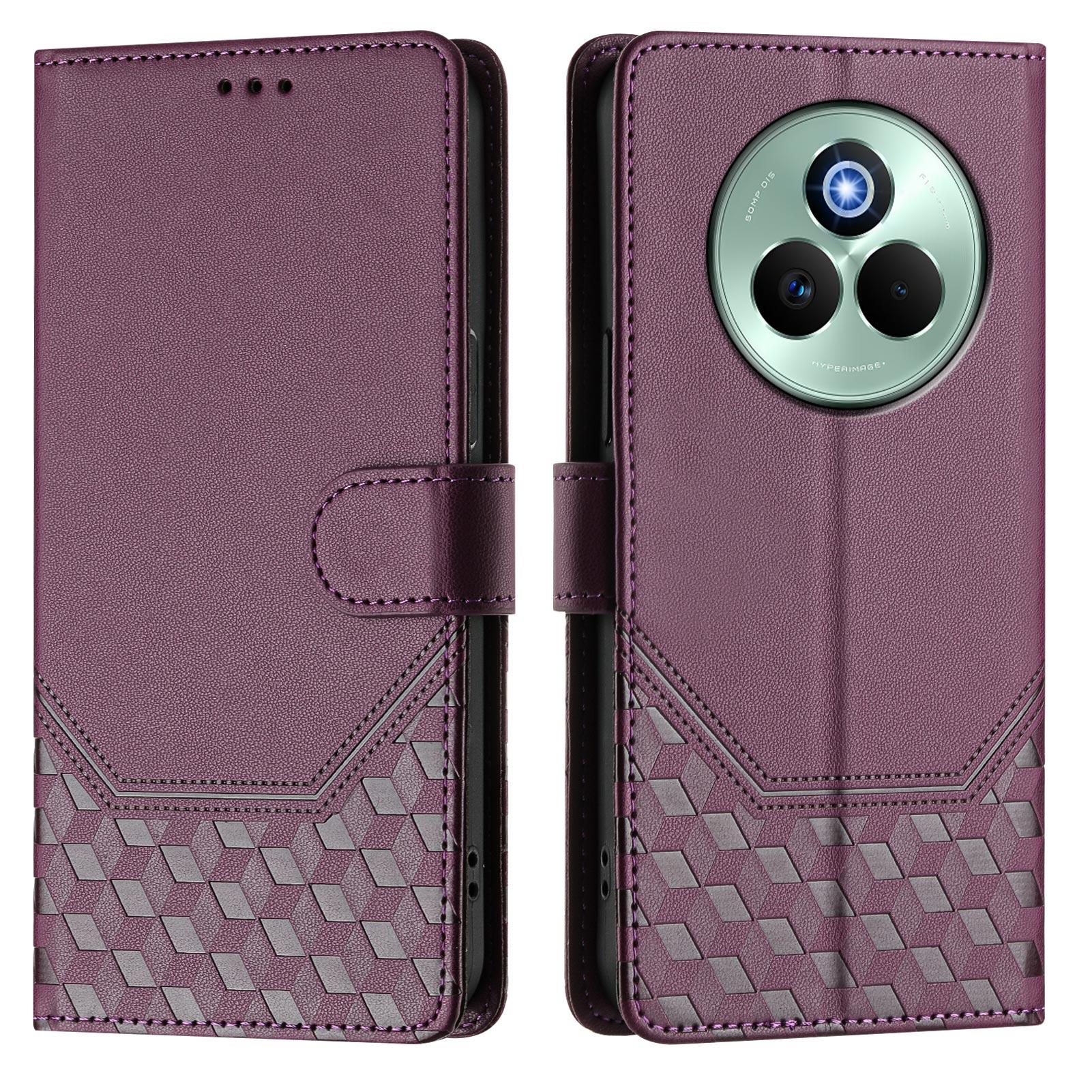 

For Realme P3 Pro 5G Case Imprinted Honeycomb RFID Blocking Leather Phone Cover with Strap Dark Purple