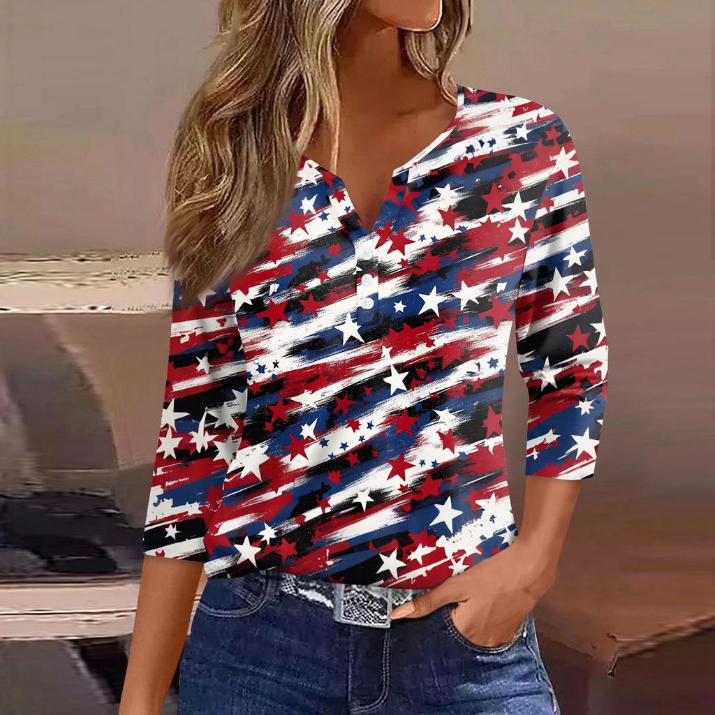 Damska Koszulka Dzień Niepodległości Nadruk Guziki Rękaw 3/4 Codzienna Weekendowa Modna Podstawa Dekolt V Regularny Top