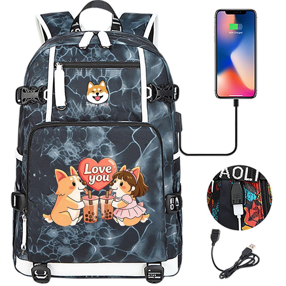 Cute Shiba Inu Corgi USB Charging Backpack for Middle High School Students Travel Casual Daypack