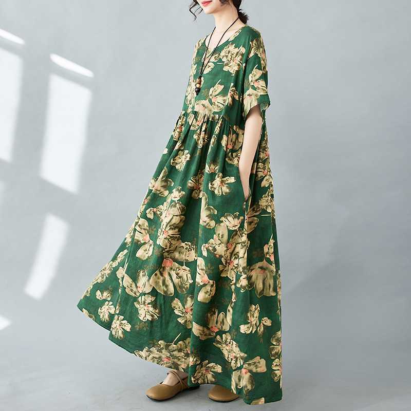 Simple Bohemian Print Dress Short Sleeve Round Neck Summer New Style Elegant Feel Long Dresses Women's Clothing