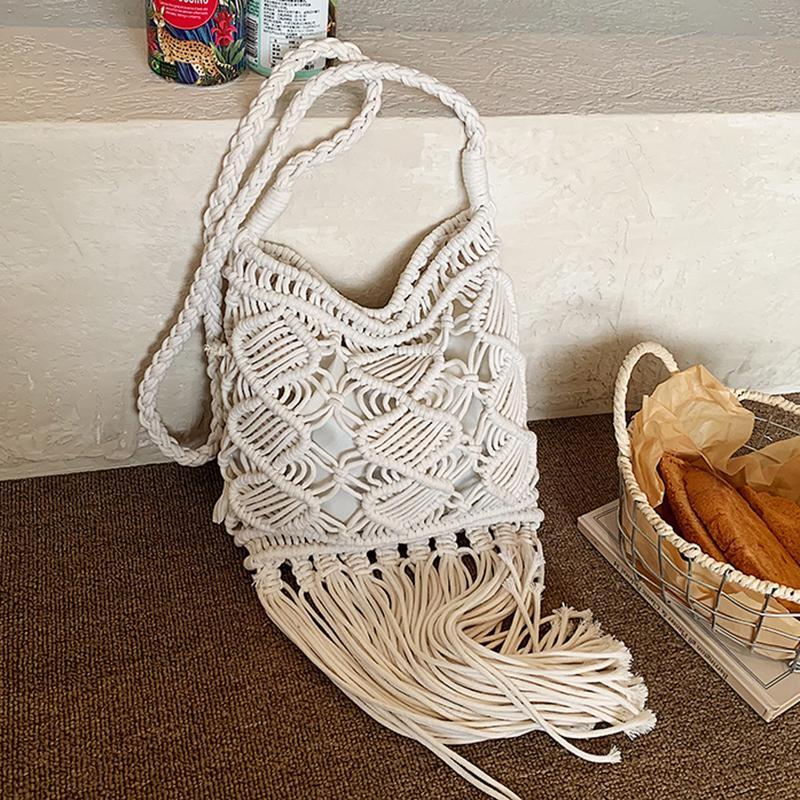 2026 Summer Bohemian Hollow Out Design Beach Bag Ethnic Style Shoulder Bag Fashion Long Tassel Cotton Thread Woven Crossbody Bag