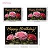 2D Pink Red Rose Happy Birthday Backdrop Black Gold Star Party Background