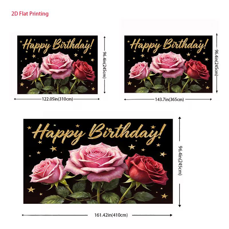 2D Pink Red Rose Happy Birthday Backdrop Black Gold Star Party Background
