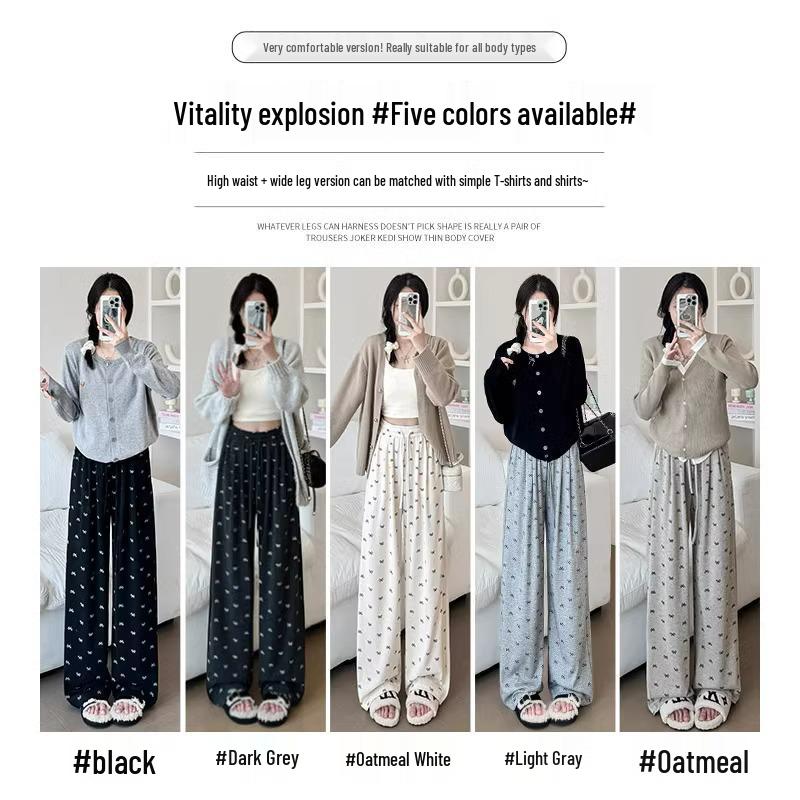 Women's Petite Beige High Waist Bow Wide Leg Pants - Spring/Autumn, Lazy Drape Style, 145-150cm