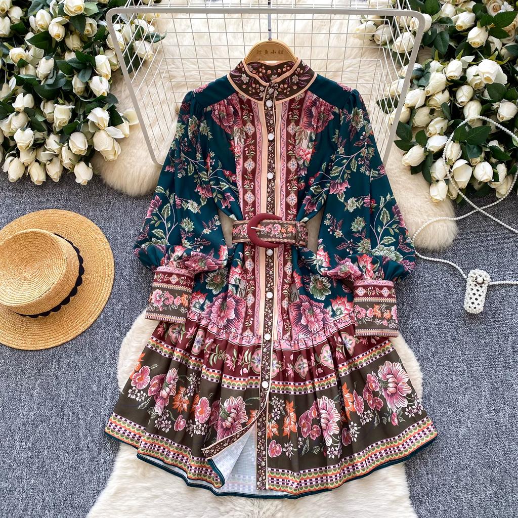 Women's Summer Dress Vintage Designer Print Mini Dresses Stand Collar Single Breasted Party Shirt Dress with Belt