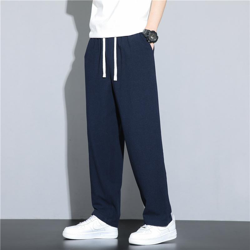 Summer new men's cotton and linen casual pants solid color large size loose and thin breathable straight pants men's pants