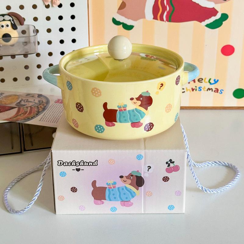 Ins süßer Wurstwelpe Keramik Instant-Nudel-Schüssel mit Deckel binaurale Schneckenpulver-Schüssel Geburtstagsgeschenk für Mädchen Souvenir