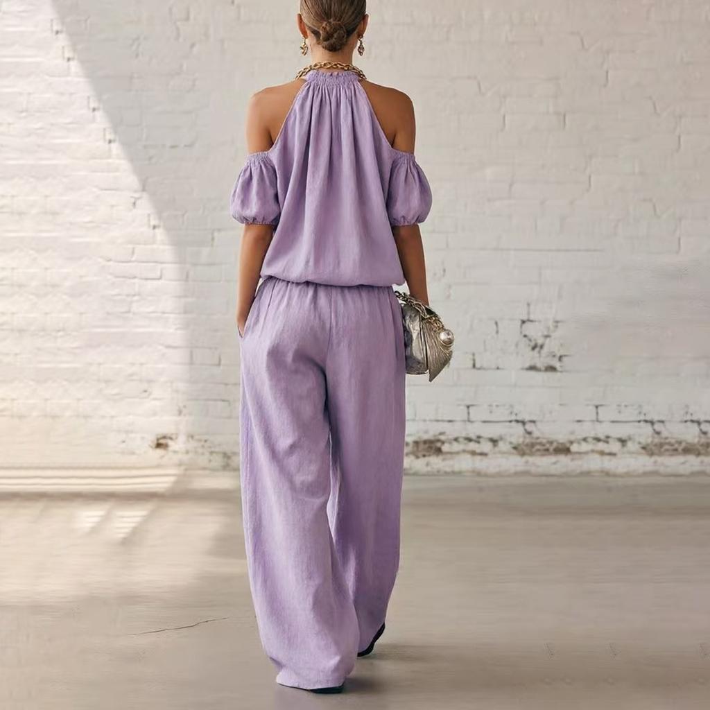 Modisches Damen schulterfreies Wickeloberteil High-Waist Hose mit weitem Bein Lässiges Set