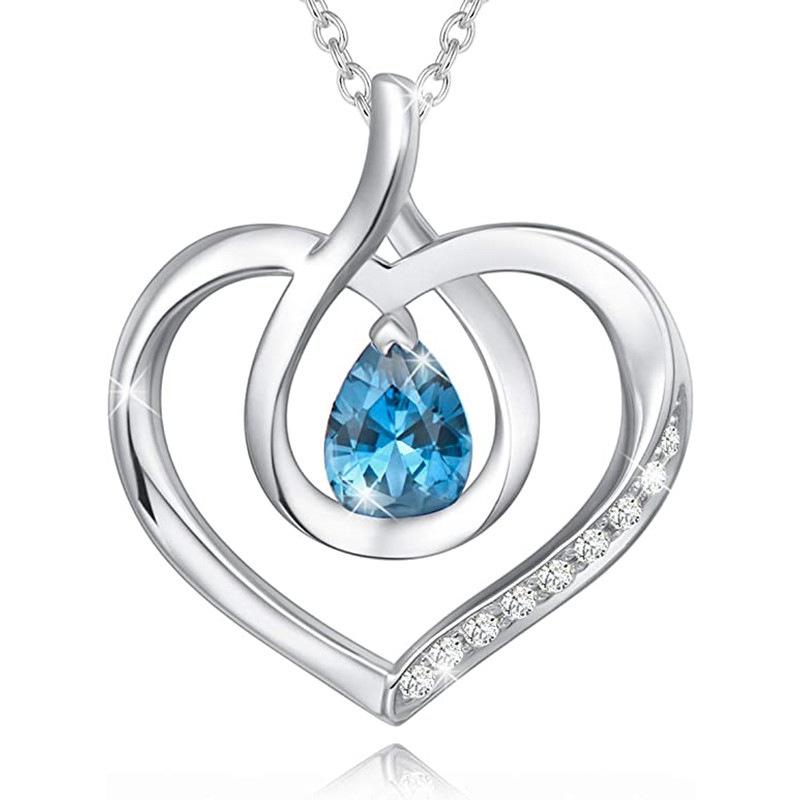 Silver Plated Open Heart Teardrop Blue CZ Pendant Necklace, Sparkling Pave-Set Cable Chain Necklace for Women