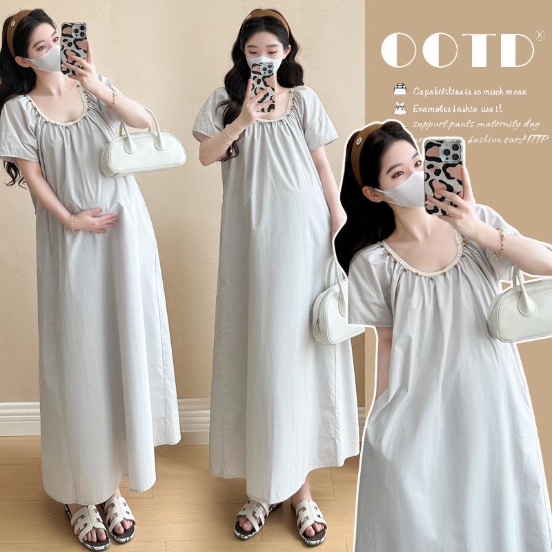 2026 Summer Maternity Loose-Fit Short-Sleeve Maxi Dress – Korean Style Fashion Extra Large