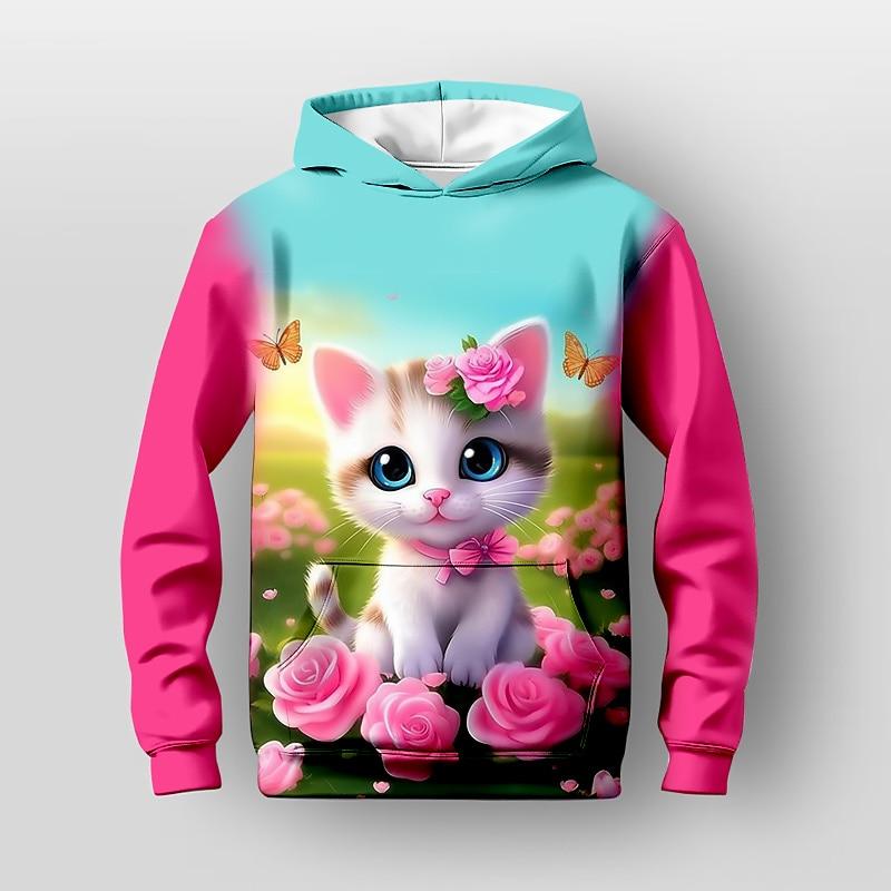 Girls' 3D Floral Cartoon Cat Hoodie Long Sleeve 3D Print Fall Winter Active Fashion Cute Kids 3-12 Years Outdoor Casual Daily Regular Fit