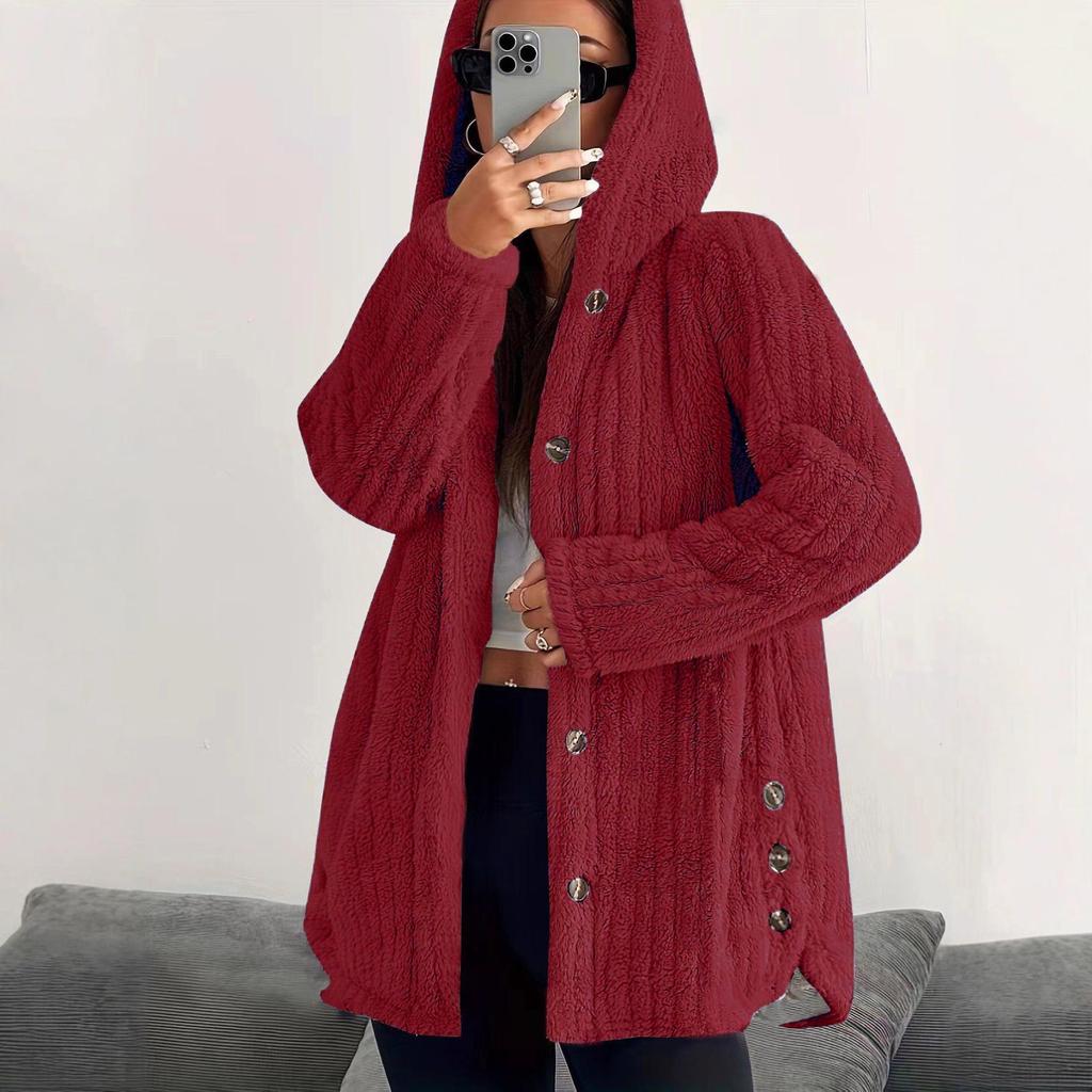 Cappotto di Peluche Morbido da Donna Autunno/Inverno 2025 Europa, Colore Unito, Manica Lunga, con Cappuccio, Vestibilità Larga