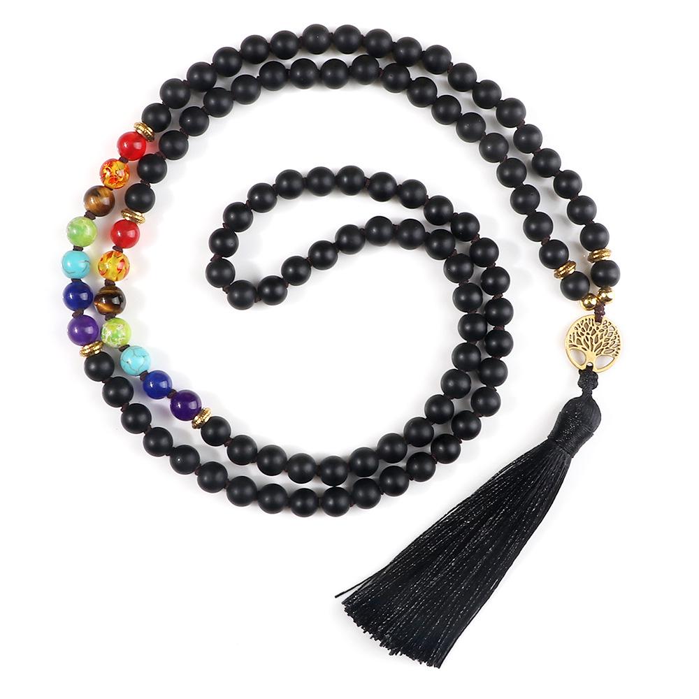 108-Piece Handmade Seven-Color Stone Tree of Life Pendant Necklace with Tassel
