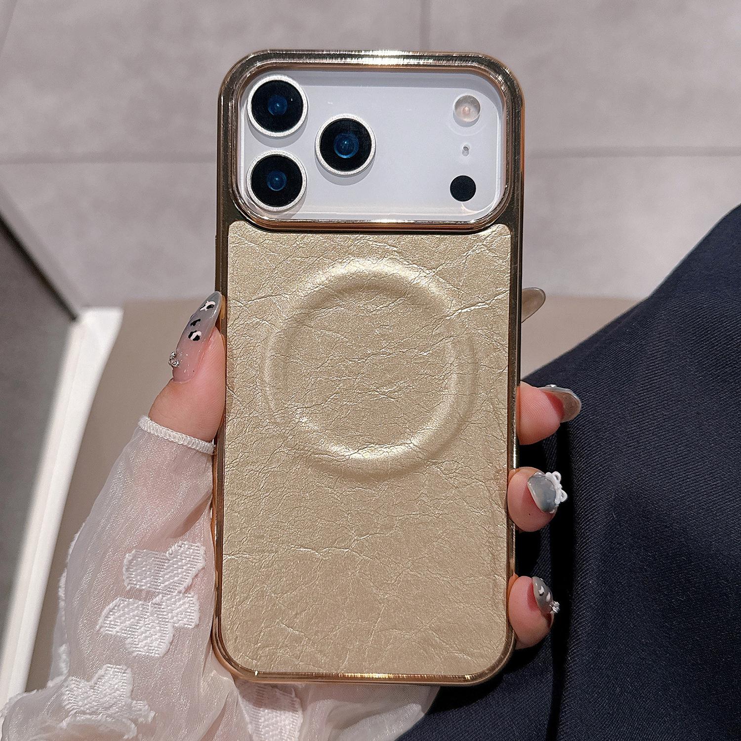 For iPhone 17 Pro Magnetic Case Electroplated Crackle Litchi Texture PU TPU PC Phone Back Cover B