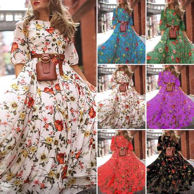 Summer Women Dress Floral Print A-line Loose Hem Vintage High Waist French Style Three Quarter Sleeves Pleated O Neck Prom Cocktail Party Maxi Dress