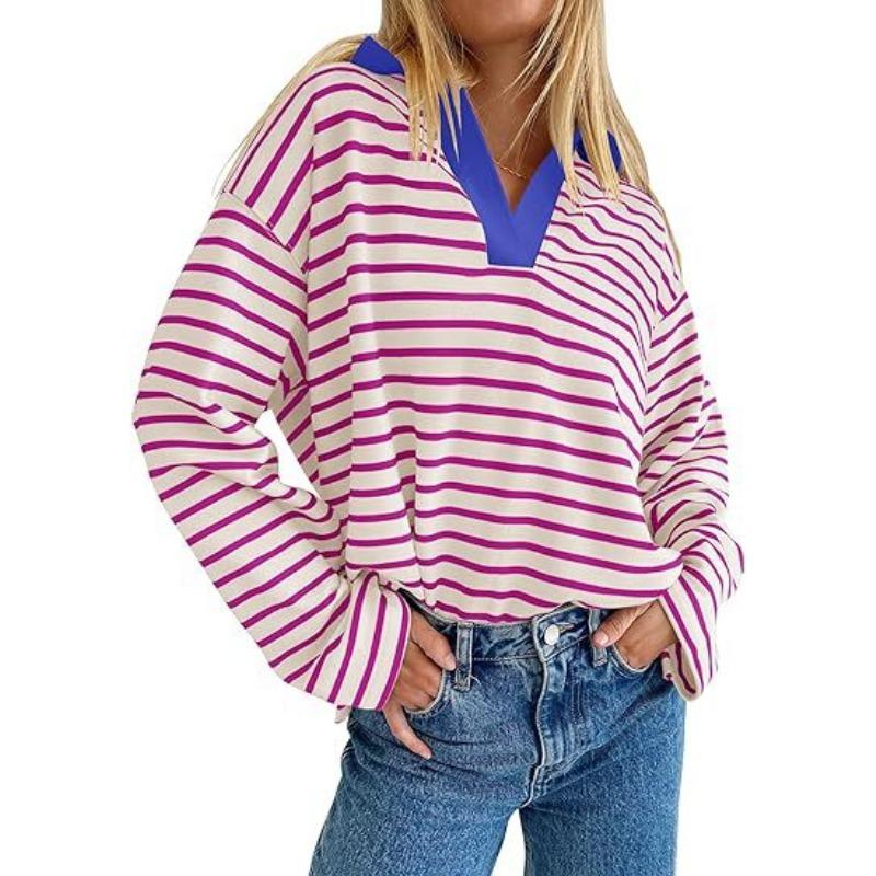YYFS Women's Fashion Casual Fall Winter Stripe Print Long Sleeve V-Neck Pullovers & Long Sleeves