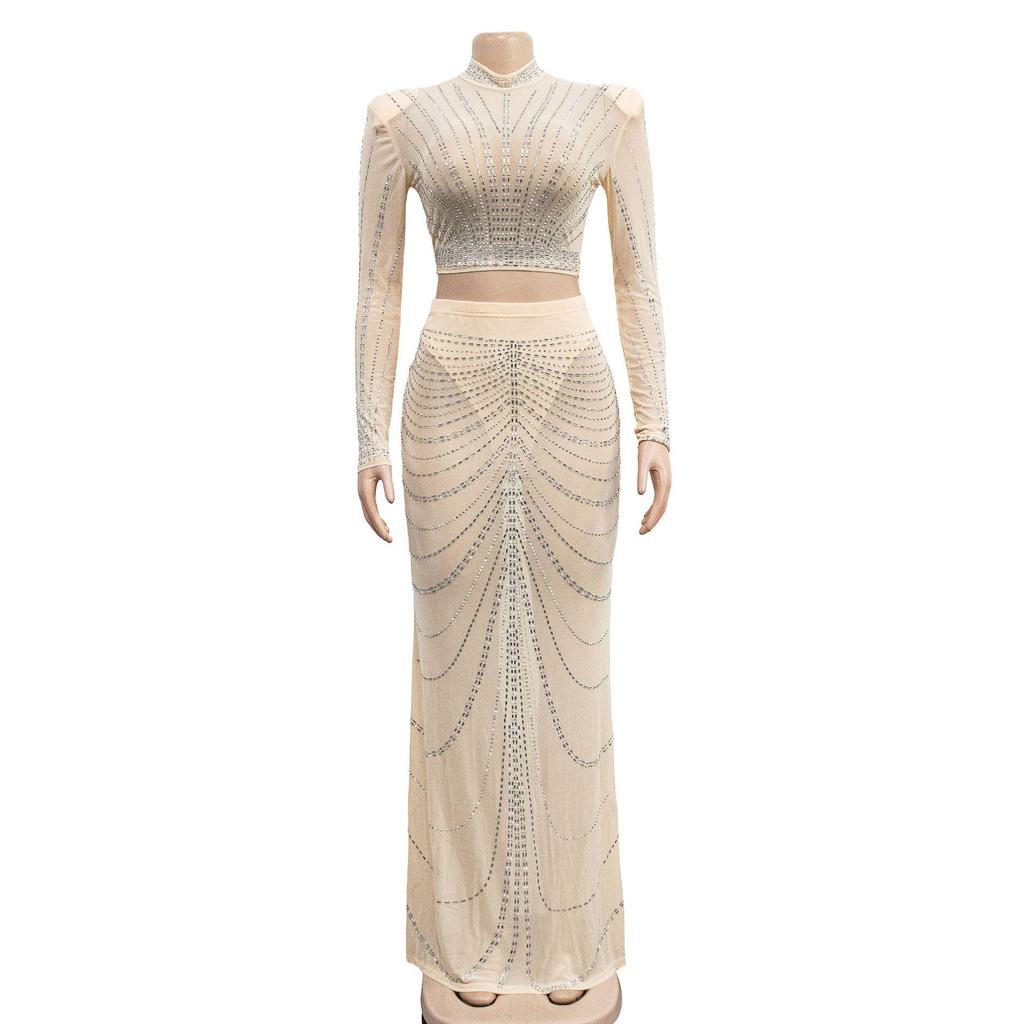 European & American Fashion Mesh Hot Drilling See-through Long Sleeve Long Dress Two-piece Set for Women