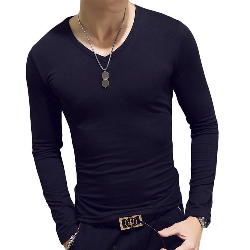 Men's Fashion Casual Slim Fit Long Sleeve T-Shirts Lightweight Solid Color O/V Neck Cotton T-Shirts Blouse