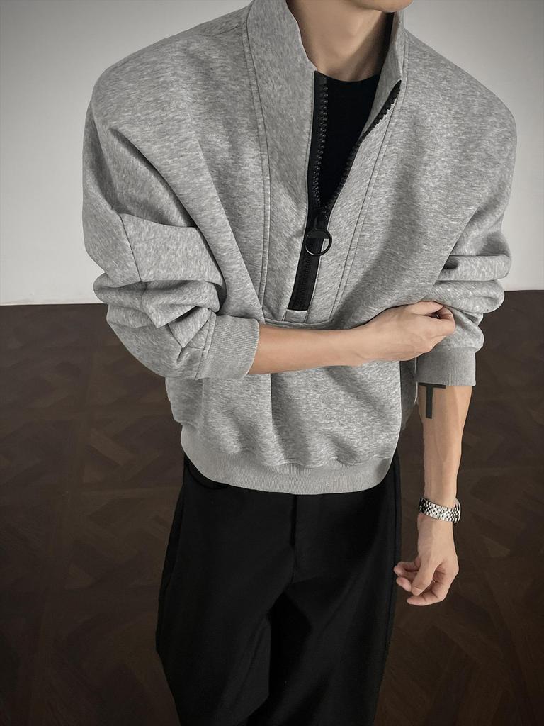 Heavyweight Men's Deconstructed Half-Zip Hoodie - Autumn Korean Style Loose Fit Trendy American High Street Jacket