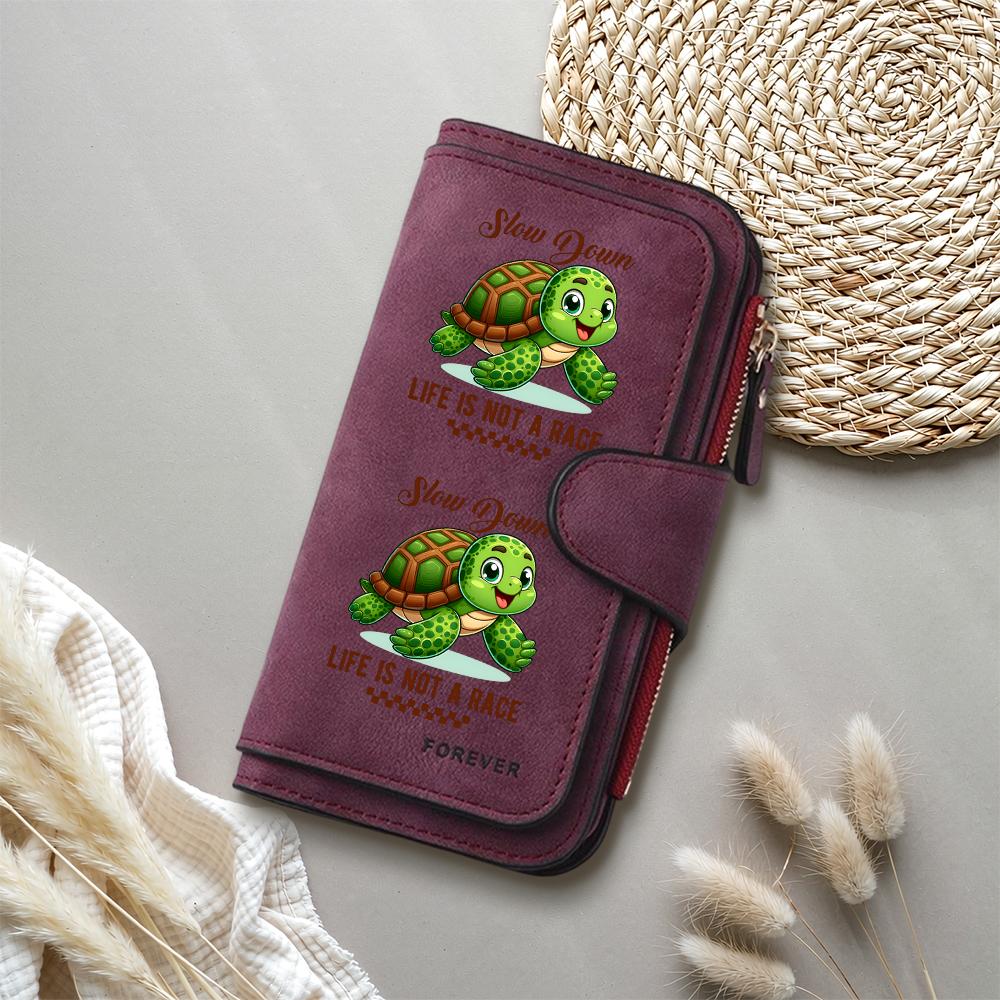 Cute Turtle Printed Leather Wallet Slow Down Life Motto Casual Daily Credit Card Holder Portable Fashion Women Purse