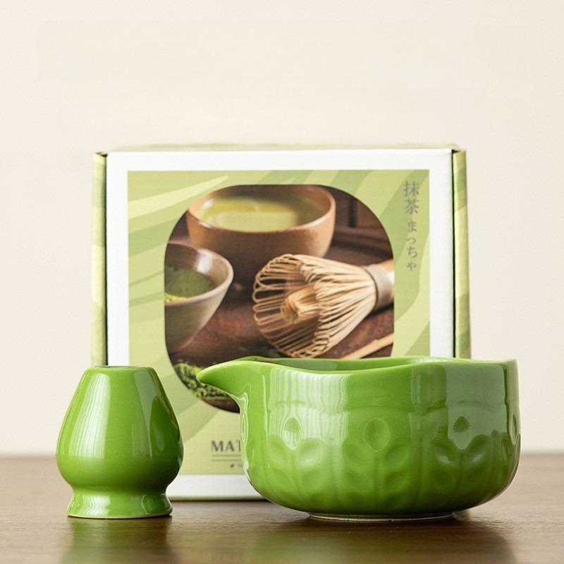 2 Pcs Matcha Set with Carved Ceramic Matcha Bowl & Carved Matcha Whisk Stand Matcha Whisk Set Japanese Tea Ceremony Gift Box