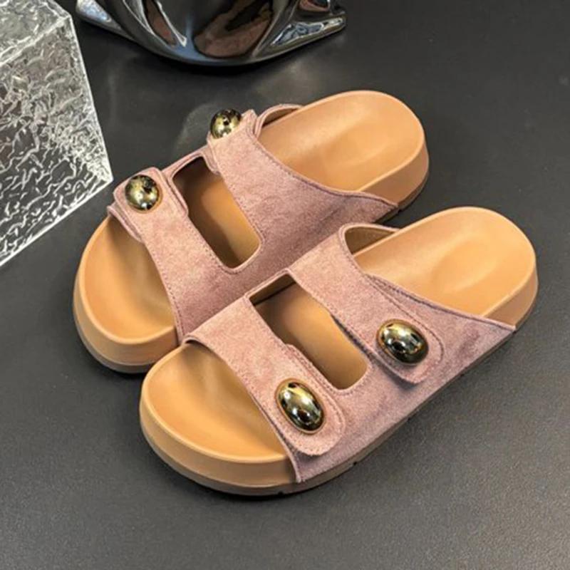 Mode Doppel Schnallen Design Mittelhohe Absatz Pantoletten Damen Lässig Flock Flache Plateau Sandale Weiblich Sommer 2025 Oberbekleidung Rutschfeste Pantoletten Mujer