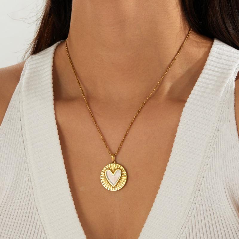 18K Gold Plated Heart Shell Pendant Necklace, Dainty Sunburst Round Charm Box Chain Necklace for Women, Trendy Jewelry