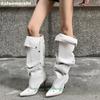 Button Stitching Pleated Women Boots 2025 Summer New Thin Heel Knee High Boots Women's Pointed Turned-Over Edge Boots