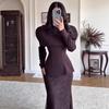 Cross-border European and American women's clothing  Amazon slim-fit round neck long-sleeved waist commuting temperament straight skirt set
