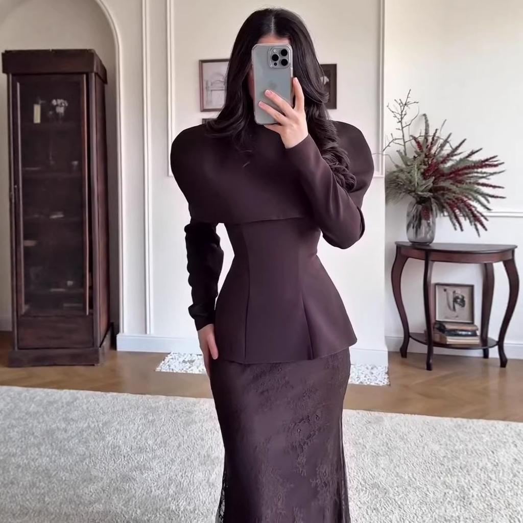 Cross-border European and American women's clothing Amazon slim-fit round neck long-sleeved waist commuting temperament straight skirt set