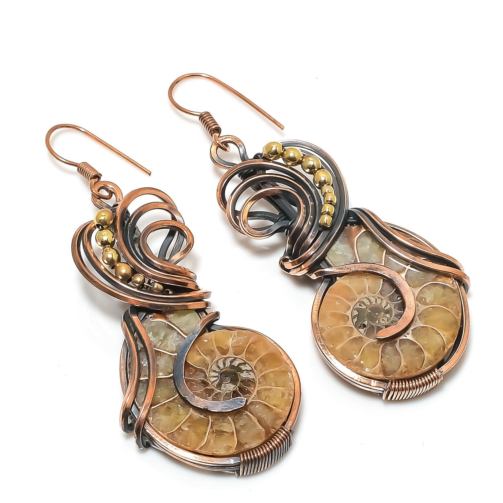 

Серьги с аммонитами, серьги, обернутые медной проволокой 999 пробы, серьги с драгоценными камнями ручной работы ко Дню памяти