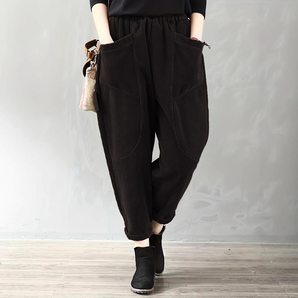 European & American Women's Corduroy Pants - Elastic Waist, Pocketed, Loose Fit, Tapered Leg, 2026 Autumn/Winter Collection
