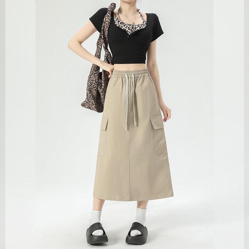 Women's American-Style A-Line High Waist Skirt with Pockets - Solid Color, Mid-Length, Slim Fit, Split Design for Spring/Summer 2025