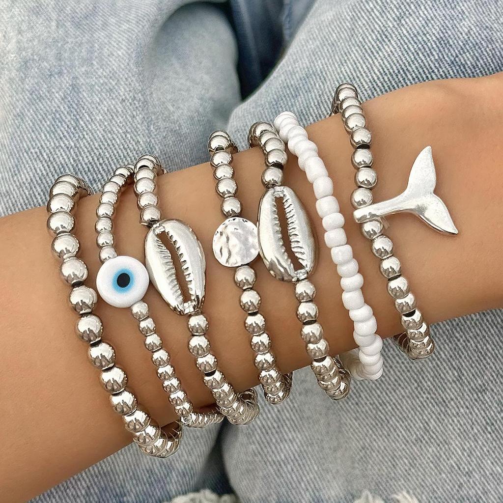 Cross Border Metallic Ocean Wind Bead Shell Bracelet Creative Design Fish Tail Eye Bracelet Set for Women