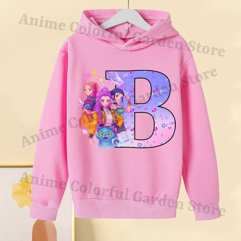 KPop Dämonenjäger Pinke Hoodies für Kinder Cartoon Buchstaben bedrucktes Kapuzensweatshirt Mädchen Herbstmode Hoodie Kinderkleidung